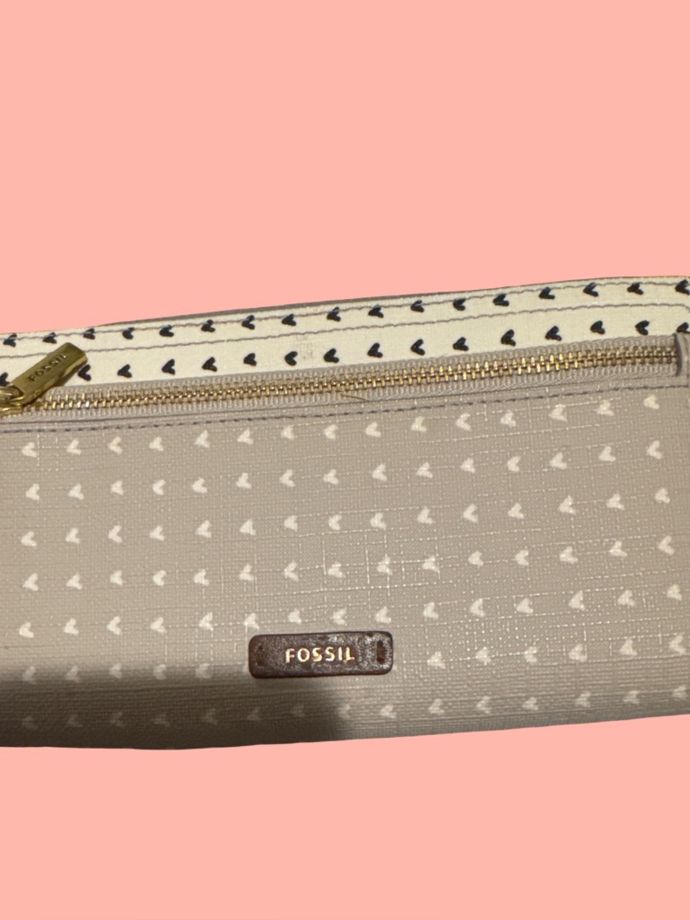 Fossil Beige and White Heart-Print Cosmetic Pouch with Gold Hardware